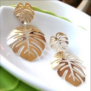 Gold Double Leaf Post Dangle Earrings